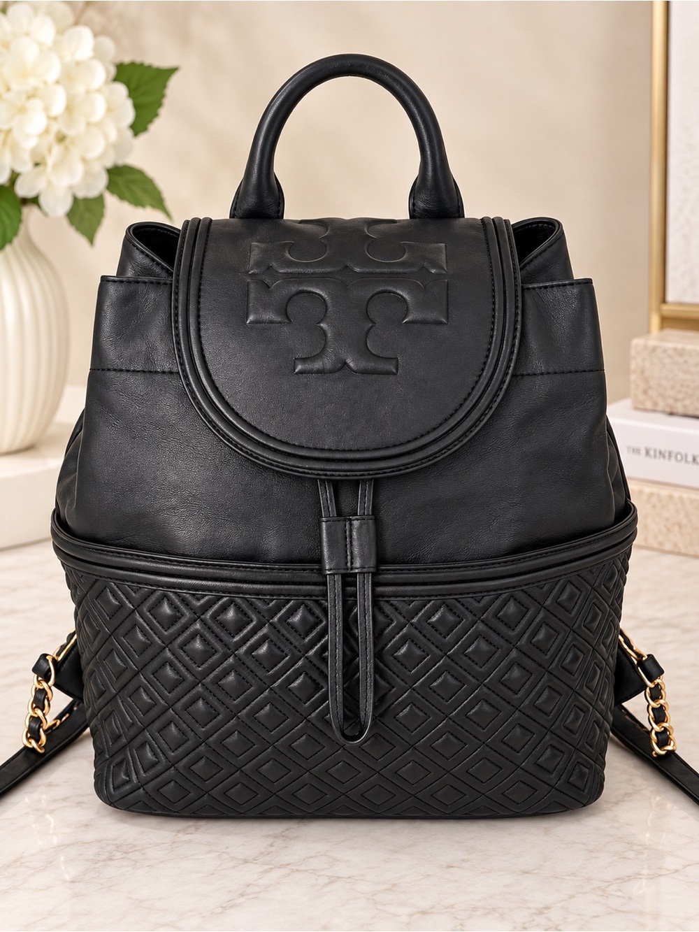 Tory Burch Marion Quilted Leather Drawstring Backpack Black Logo Chain Strap